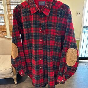 Vintage Pendleton Men’s Virgin Wool Tartan shirt Leather Elbow Patches Sz L. EUC